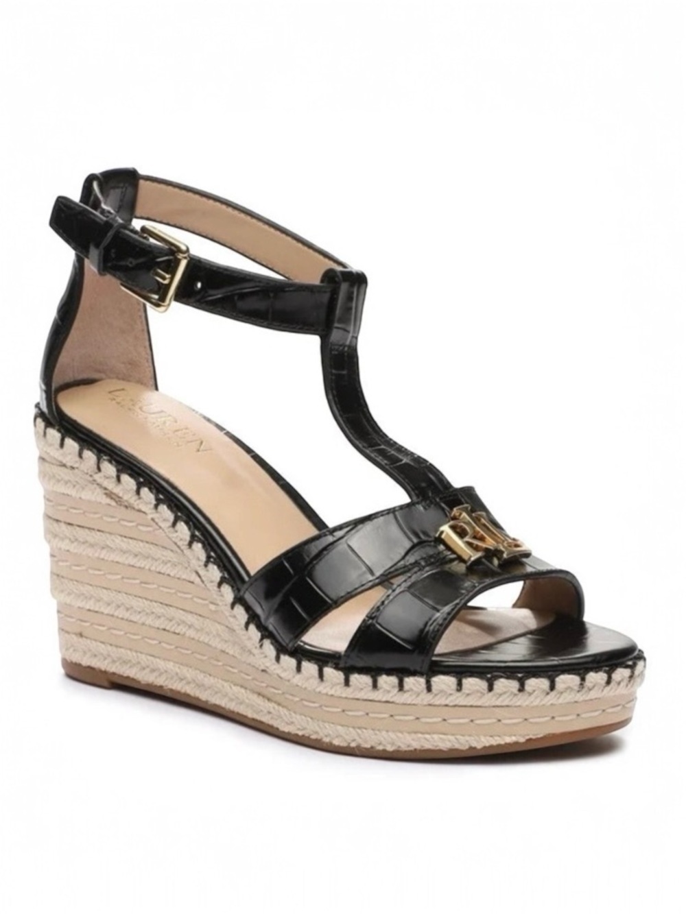 Lauren Ralph Lauren Hale II Black Leather Croc Espadrille Wedges Size 9.5